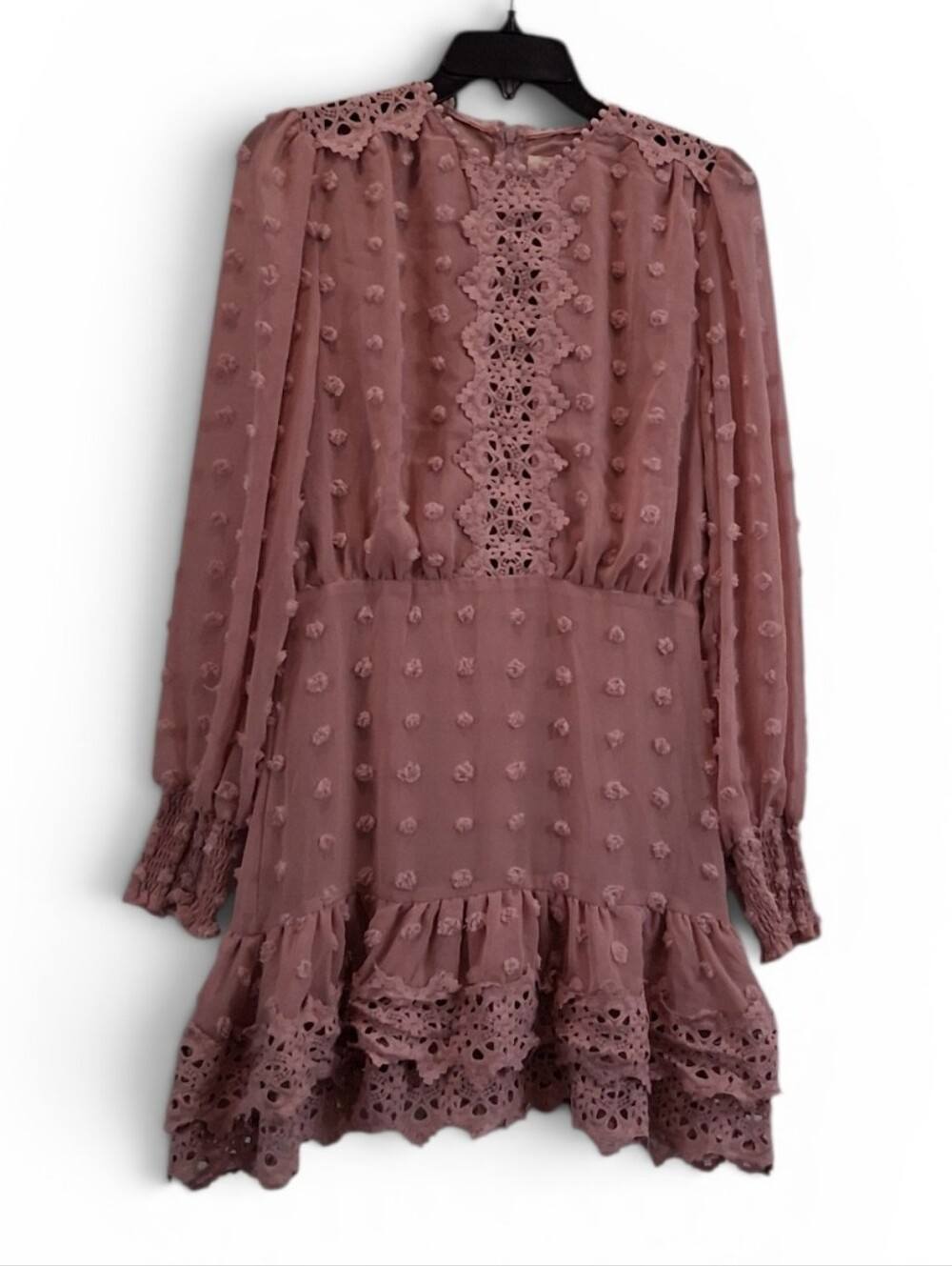 Just Me Swiss Dot Pink Women's Lace Trim Chiffon Ruffle Hem Mini Dress Size S